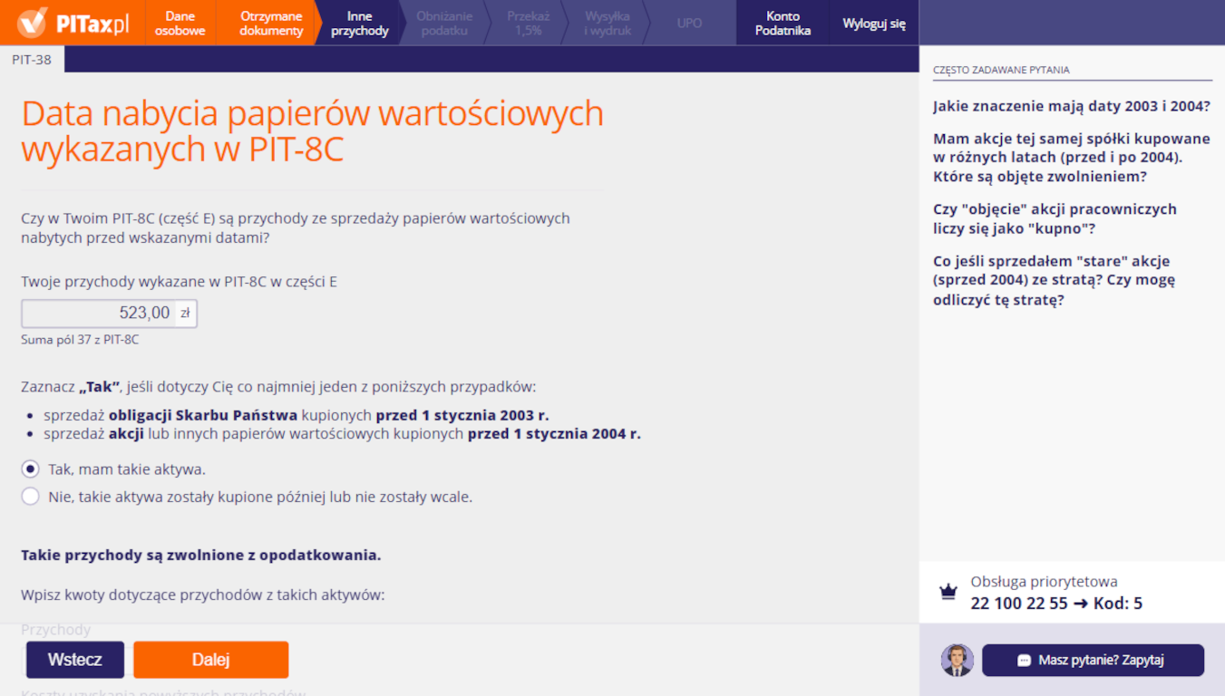 Data nabycia w&nbsp;PIT-8C