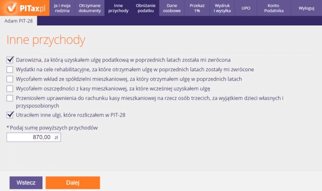 Ine przychody - doliczenia do ryczałtu (utrata ulg)