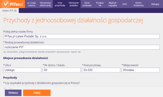 Przychody z jednoosobowej działalności gospodarczej