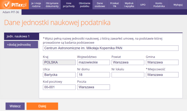 Dane jednostki naukowej