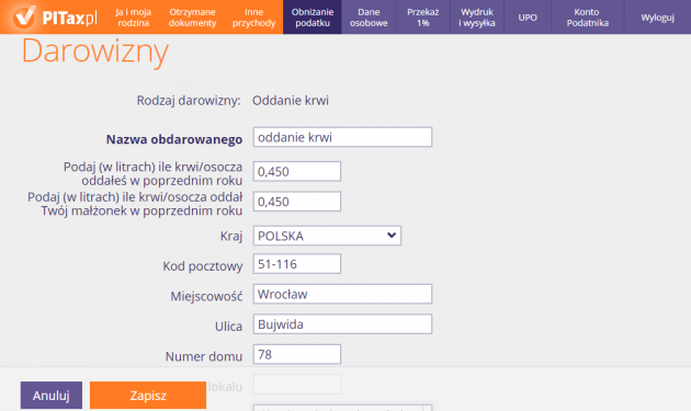 Darowizna z tytułu oddania krwi