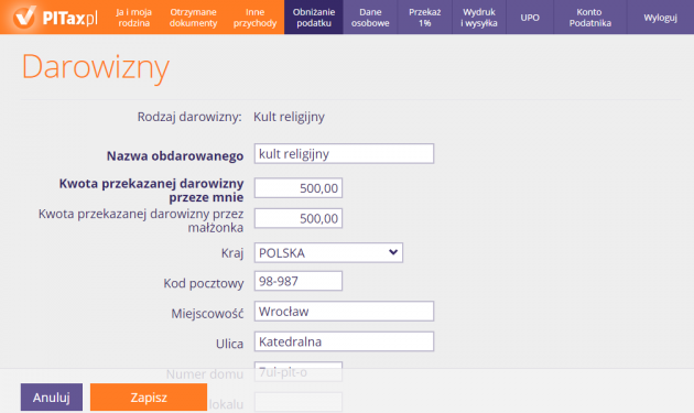 Darowizna na kult religijny