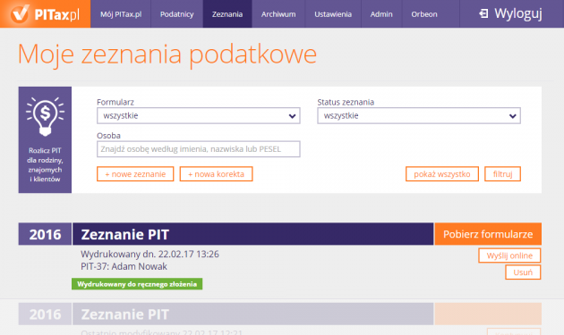 Moje zeznania podatkowe